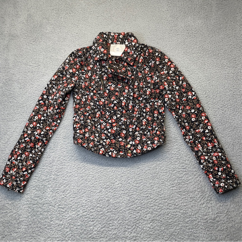 Hei Hei Cropped Jacket Womens 2 Black Red Floral Side Zip Anthropologie Moto